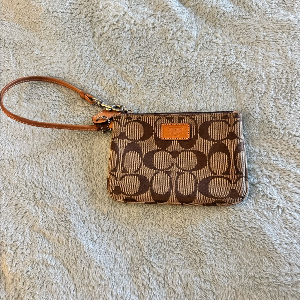Coach Brown/Tan Signature Canvas Wristlet with Leather Strap